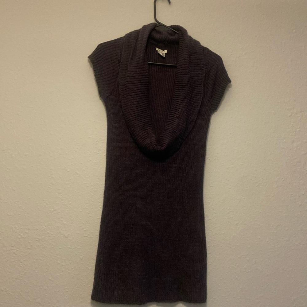 Purple and gray knit cowl neck sweater dress